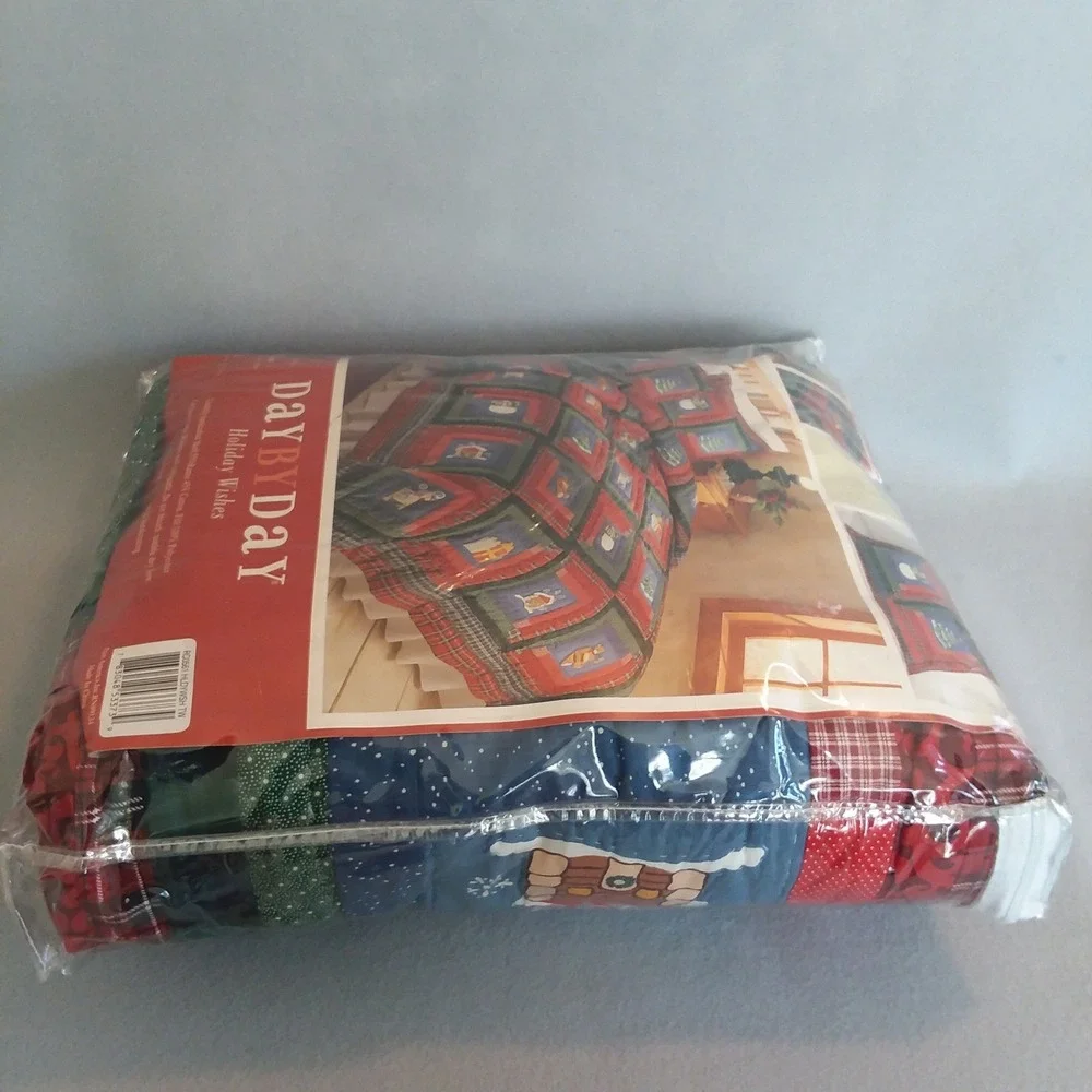 Vintage Day By Day Holiday Wishes Christmas Print Quilt Twin Size 68x86‎ NOS